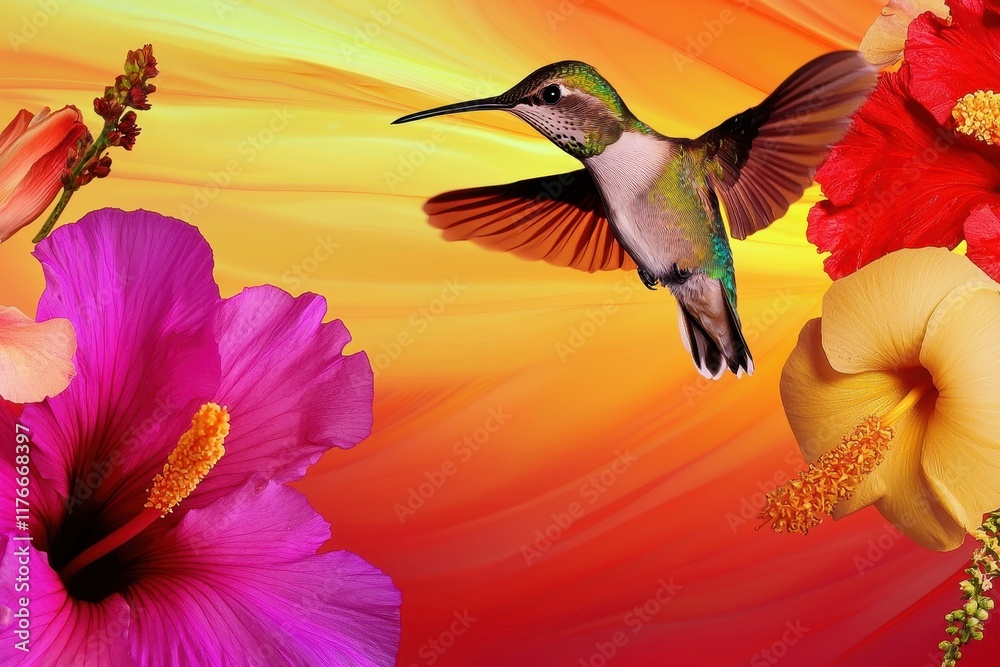 A colorful image of a hummingbird hovering near a vibrant array of tropical flowers A colorful image of a hummingbird hovering near a vibrant array of tropical flowers