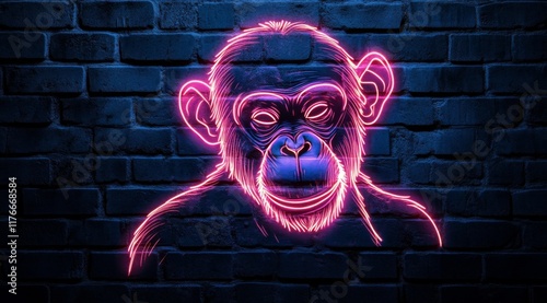  A glowing neon sign forms a contour drawing of a chimpanzee against a dark grunge-style brick wall.