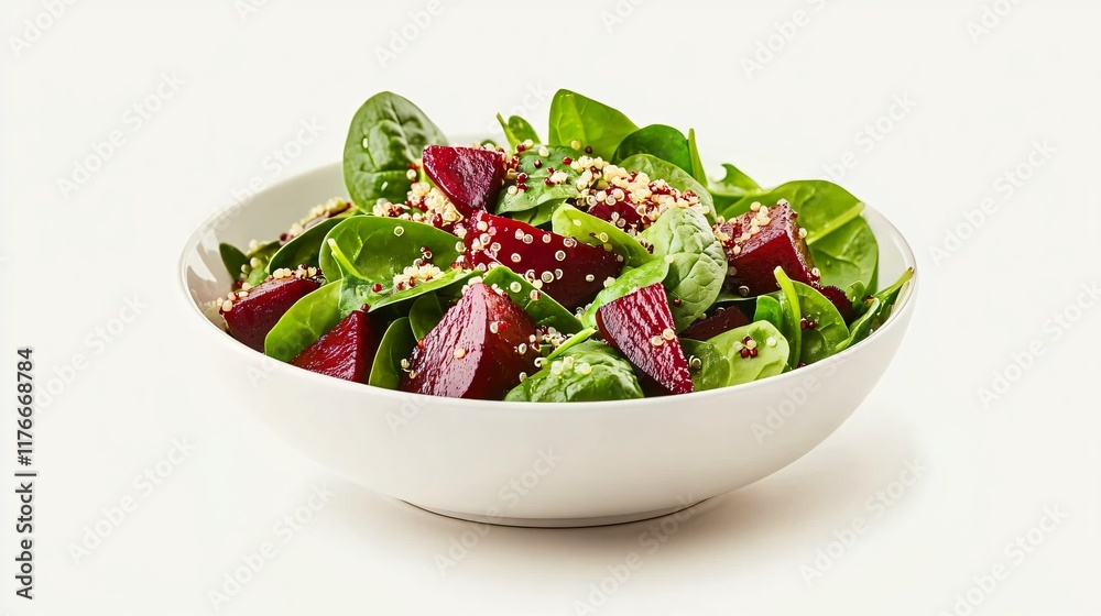 A gourmet spinach salad with quinoa and roasted beets, isolated on a light grey background with subtle gradients A gourmet spinach salad with quinoa and roasted beets, isolated on a light grey background with subtle gradients