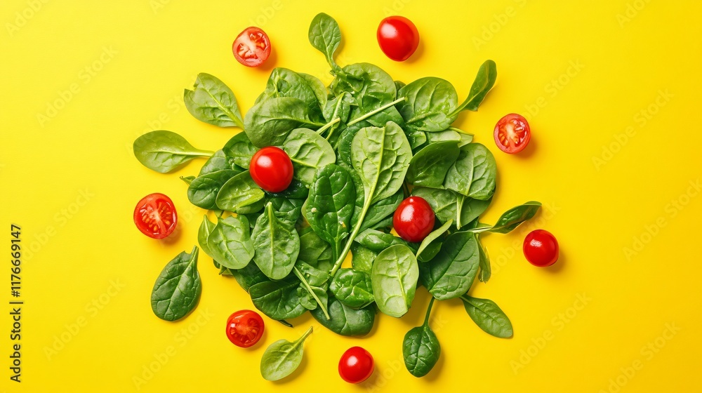 A playful arrangement of spinach salad toppings into the shape of a sun, isolated on a bright yellow background