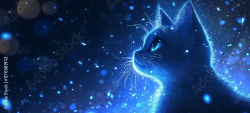 A cat with glowing blue fur and ears is looking up at the night sky, surrounded by twinkling stars.