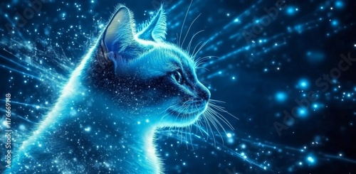 A cat with glowing blue fur, a close-up shot, against the backdrop of a starry sky and light particles. 