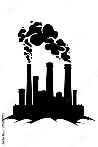 Factory Silhouette with Smoking Chimneys Illustration, A black and white silhouette illustration of an industrial factory with tall chimneys emitting thick smoke, symbolizing pollution and urban indu
