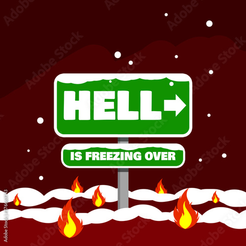 Hell is Freezing Over Day to celebrate on January 31st. Illustration of a road sign leading to hell and starting to snow.