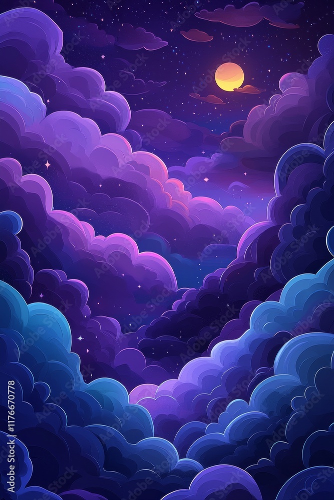 Fototapeta premium A vibrant digital illustration of the night sky, filled with swirling clouds, representing endless possibilities and a dreamscape, rendered in a surrealistic style.