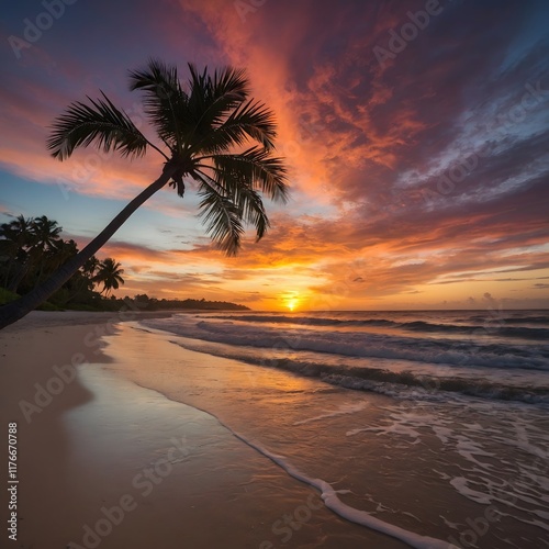 Sunset Silhouette: Livistona Palm Against a Vibrant Sky on a Tranquil Beach