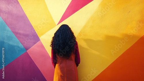 Woman standing back to colorful geometric wall. photo