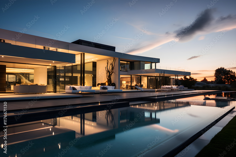Obraz premium Luxury Real Estate: Majestic Modern Estate Under the Twilight Sky