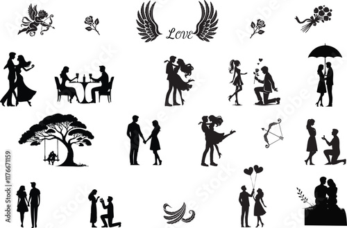 Romantic Couple Silhouettes and Love Icons, Valentine's Day Design Elements Set