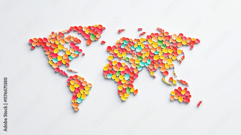 Fototapeta premium A colorful, playful representation of a world map created with vibrant flower-shaped pieces, symbolizing diversity and creativity.