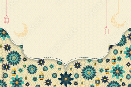 A decorative background featuring traditional lanterns and floral elements, perfect for Islamic celebrations including Ramadan, Eid festivals, and Hari Raya.