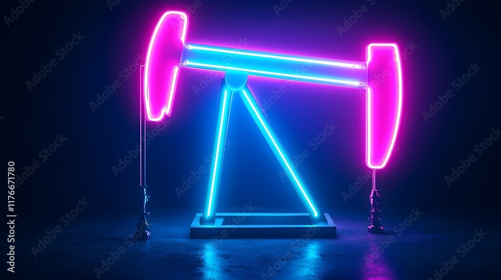 Neon Oil Pump Jack in Dark Background with Bright Glowing Colors Neon Oil Pump Jack in Dark Background with Bright Glowing Colors