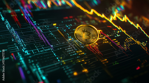 Stock market chart with bitcoin. The background is dark and contains different numbers in different colors representing trading data. The value of bitcoin among traditional financial products. Cryptoc photo