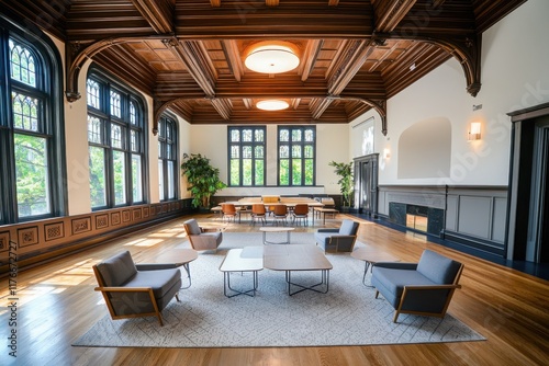 Collaborative learning space in a historic building educational hub design layout bright environment wide-angled view inspiring atmosphere photo