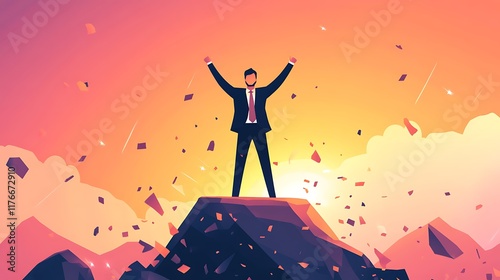 Triumphant Businessman Reaching the Peak of Success A Powerful Image Representing Achievement, Ambition, and Leadership