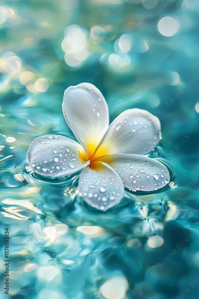 A white frangipani flower floating on the water, water droplets glistening like diamonds, shimmering reflections in turquoise and blue hues, a dreamy atmosphere A white frangipani flower floating on the water, water droplets glistening like diamonds, shimmering reflections in turquoise and blue hues, a dreamy atmosphere