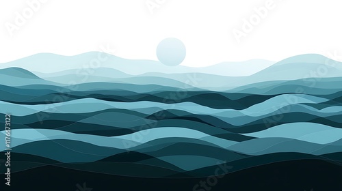 Serene Blue Mountain Landscape Abstract Papercut Style Illustration Perfect for Relaxation, Nature, and Travel Themes