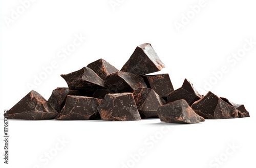 A pile of dark chocolate chunks isolated on white background. photo