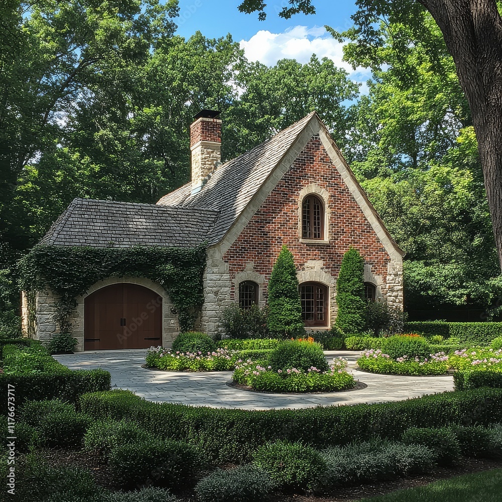 Elegant English garden with circular hedges, ornamental trees, brick garage with gable roof, flower beds, tall grasses, and stone wall, vibrant and tranquil entrance to luxury home.