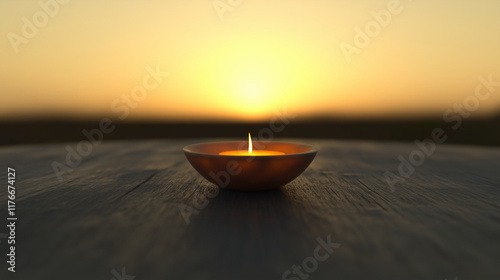 A solitary candle lit in the center of a bare table, its flame steady, symbolizing enlightenment and hope.