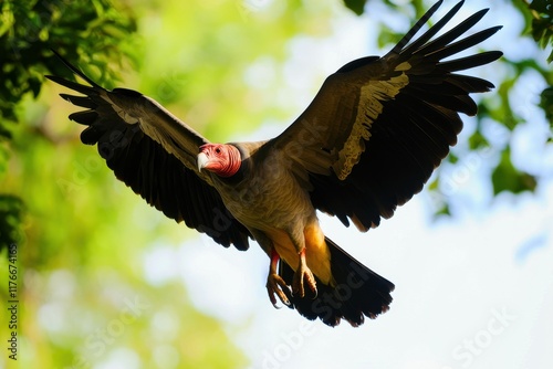 A dazzling image of a king vulture soaring gracefully over the rainforest canopy photo