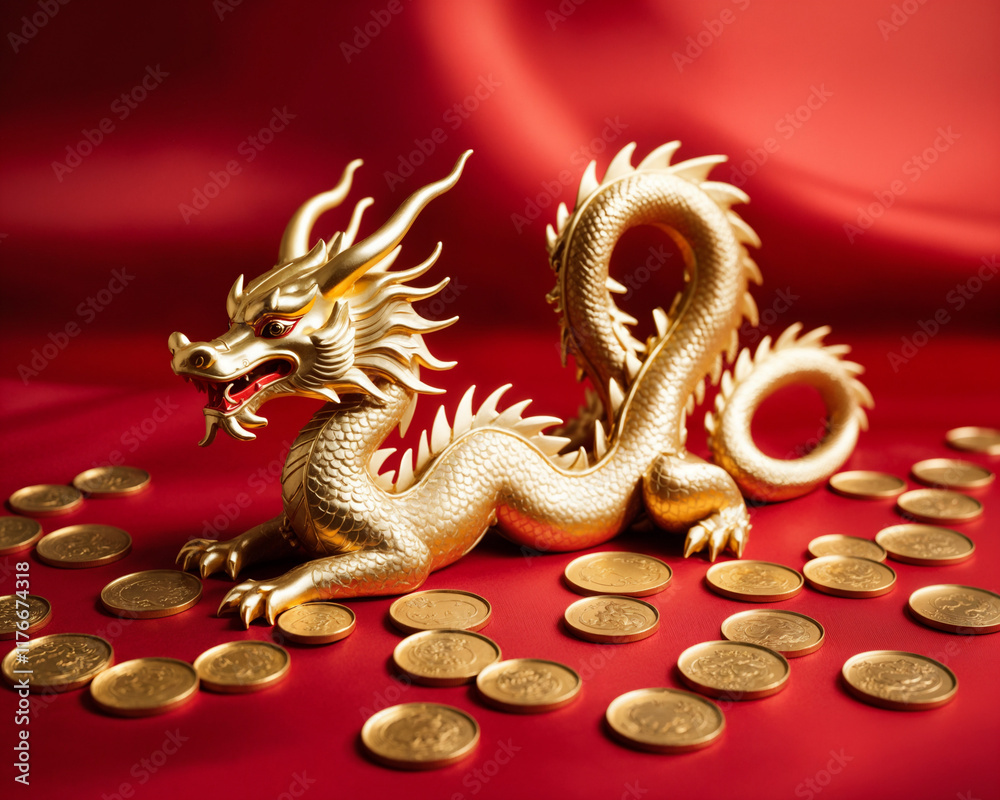 Fototapeta premium a majestic golden dragon guarding a treasure of coins