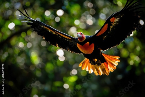 A dazzling image of a king vulture soaring gracefully over the rainforest canopy photo