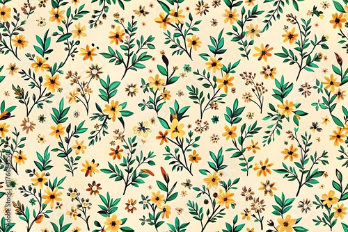 Yellow Floral Pattern Green Leaves Cream Background