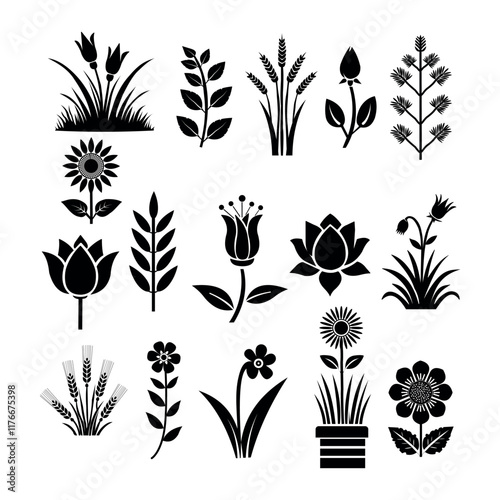 Black Silhouette Floral Icon Set Bandel template photo