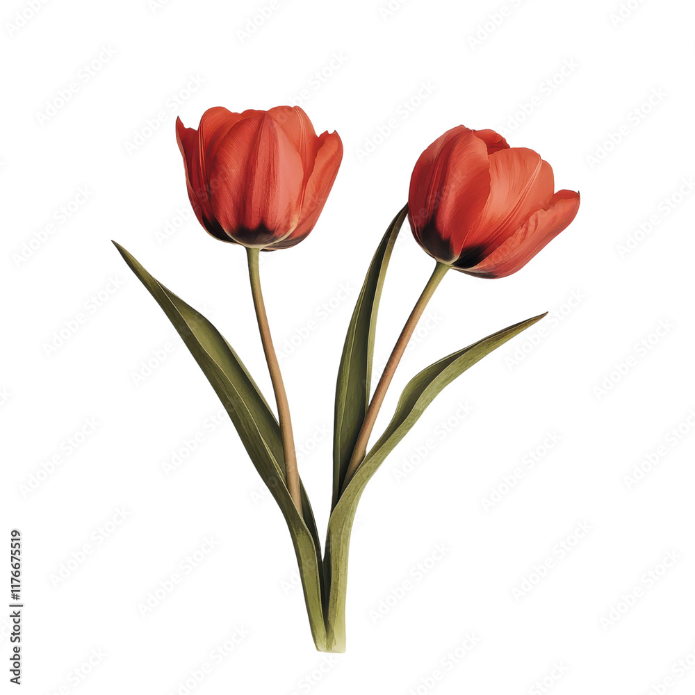 Beautiful Close-Up of Two Vibrant Red Tulip Flowers on transparent background Beautiful Close-Up of Two Vibrant Red Tulip Flowers on transparent background