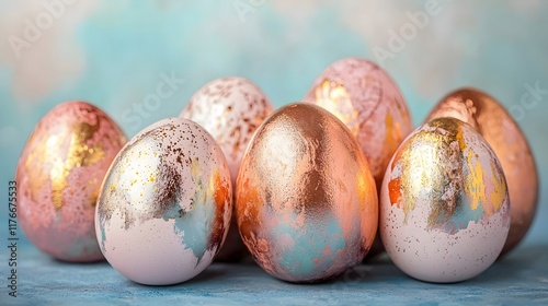 Closeup shot of Easter eggs with metallic finishes in gold silver and bronze featuring a modern abstract art pattern and textured surfaces  Unique decorative and artfully designed still life image photo