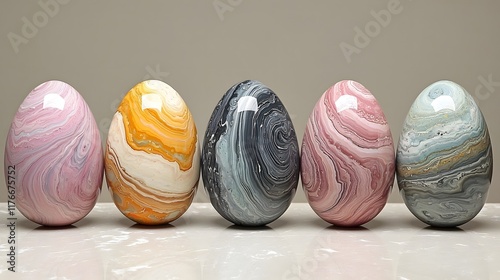 Beautifully handcrafted ceramic eggs with marbled patterns in a vibrant palette of pastel pink orange gray blue and green tones perfect for spring and Easter home decor and holiday displays photo