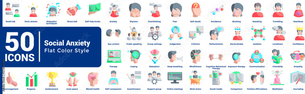 Fototapeta premium Social Anxiety 50 icon set in flat color style