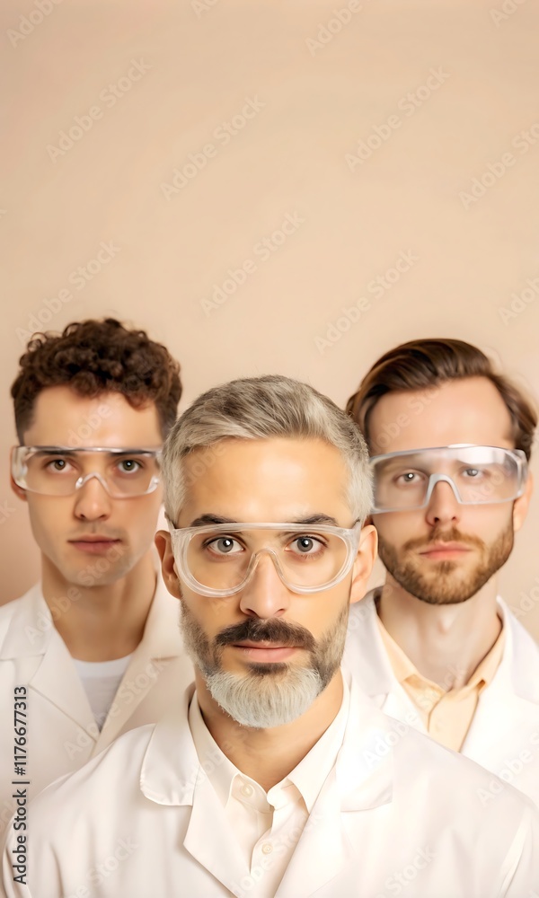 Fototapeta premium Portrait of diverse scientists in laboratory setting. Group of multicultural researchers in white coats, experts in biotechnology and chemistry, collaborative teamwork in modern science. 