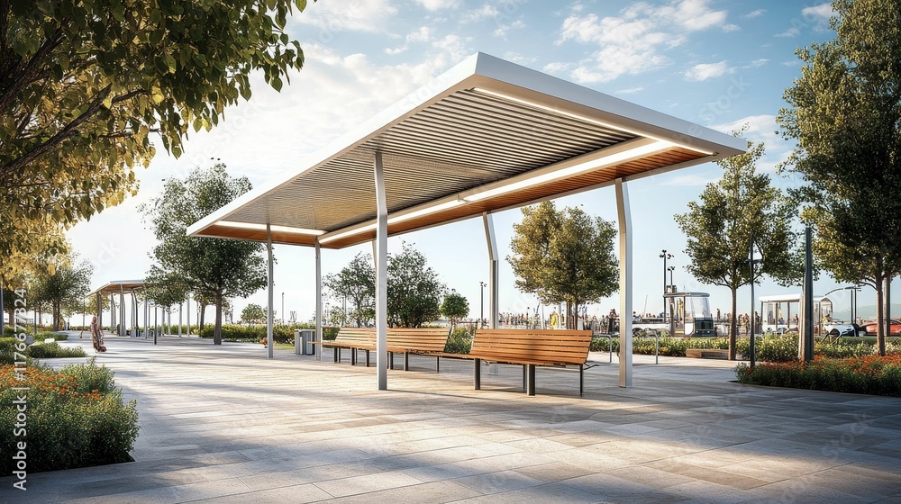Park pathway, shaded benches, modern shelter, sunny day. Park pathway, shaded benches, modern shelter, sunny day.