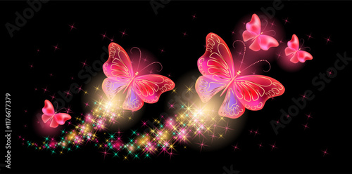 Flying delightful butterflies with sparkle and blazing trail flying in night sky among shiny glowing stars in cosmic space. Animal protection day concept.