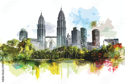 Petronas Towers, Kuala Lumpur,, digital illustration style., isolated on white background, vector art