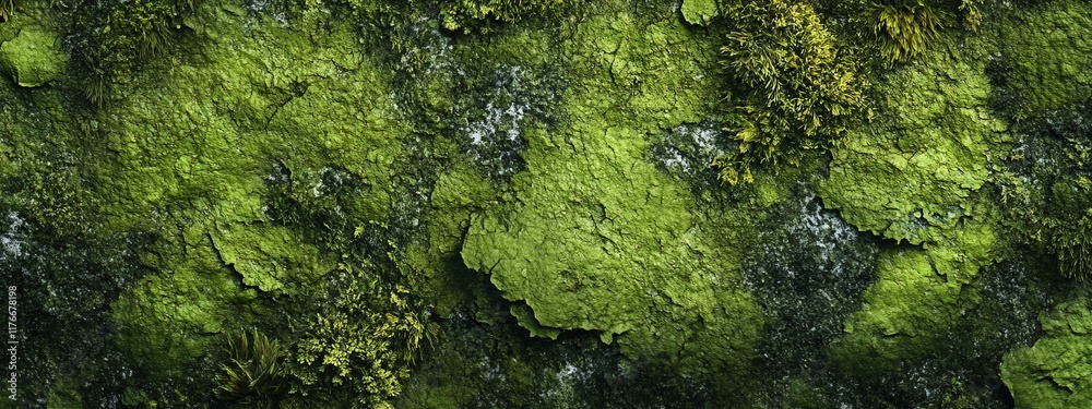 Lush green moss and lichen textured rock surface. Lush green moss and lichen textured rock surface.