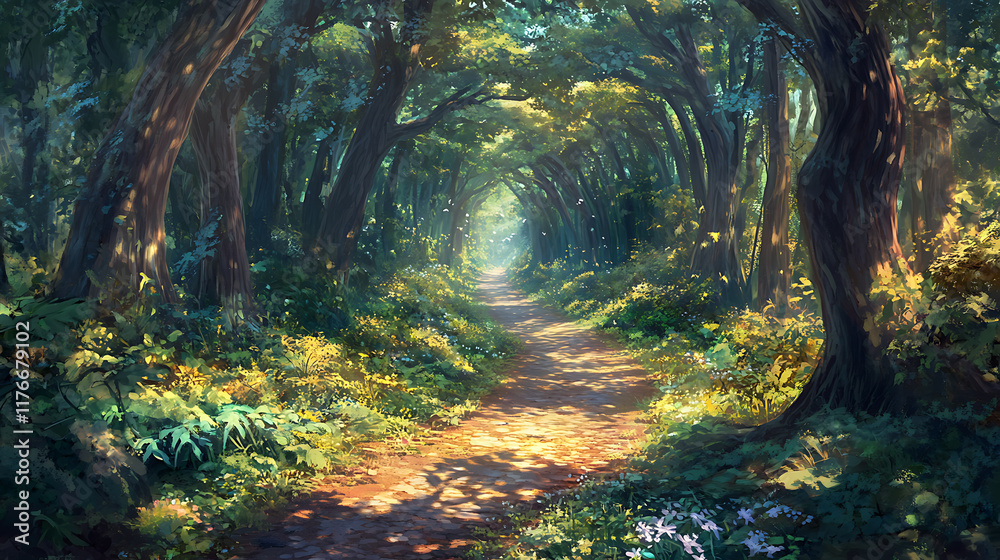 Obraz premium Calm forest path leading into the distance surrounded by tall trees and dappled sunlight creating a magical atmosphere 