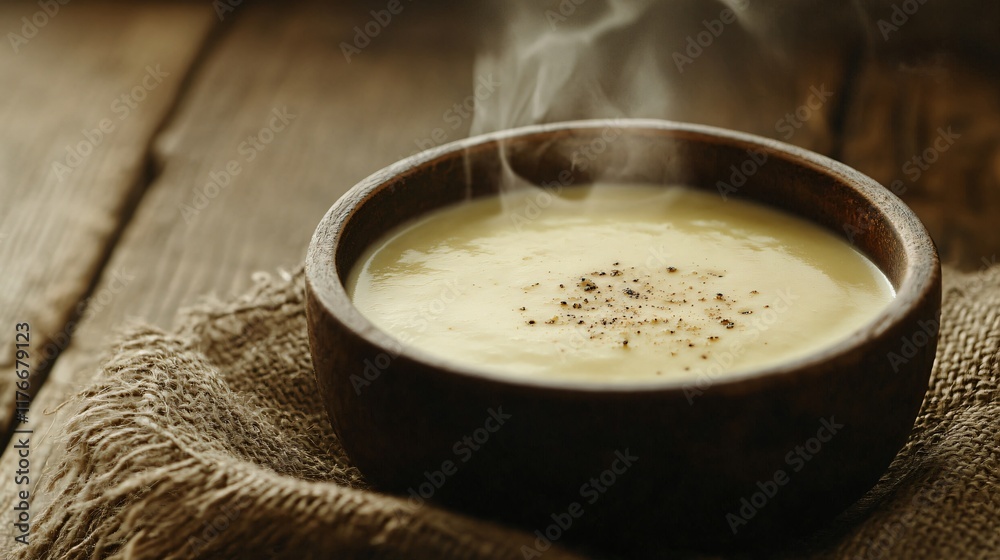 A steaming bowl of cream of broccoli soup served on a burlap cloth, isolated with rustic wooden textures A steaming bowl of cream of broccoli soup served on a burlap cloth, isolated with rustic wooden textures