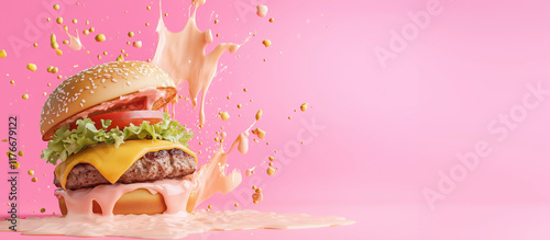 Juicy burger splash food photography pink background creative shot with copy space photo