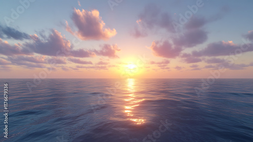 Calm ocean with a colorful sunset sky, the horizon blending seamlessly with the water, creating a tranquil scene 