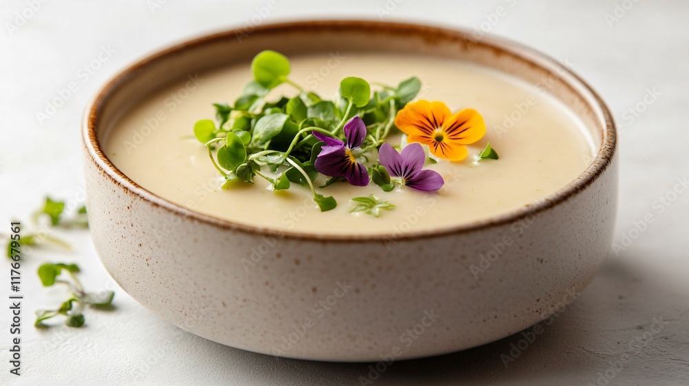 Cream of broccoli soup garnished with microgreens and edible flowers, isolated on a smooth white surface Cream of broccoli soup garnished with microgreens and edible flowers, isolated on a smooth white surface
