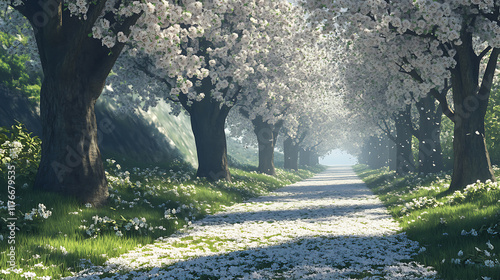 Cherry blossom trees in full bloom lining a peaceful path with soft petals falling gently to the ground 