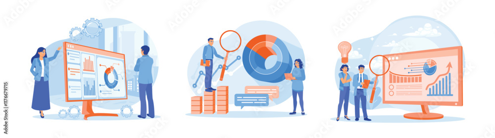 Businessman and colleagues analyze statistical data to improve marketing.