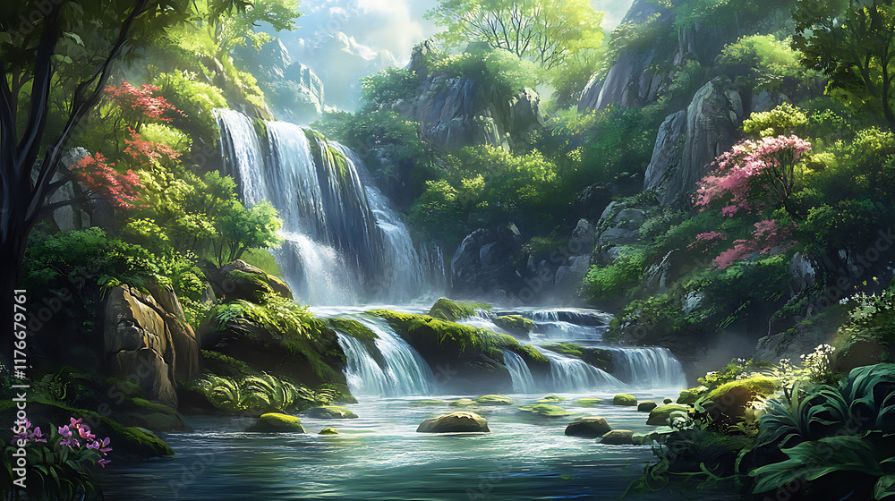 Crystal-clear mountain stream with small waterfalls flowing over moss-covered rocks and surrounded by lush green plants Crystal-clear mountain stream with small waterfalls flowing over moss-covered rocks and surrounded by lush green plants