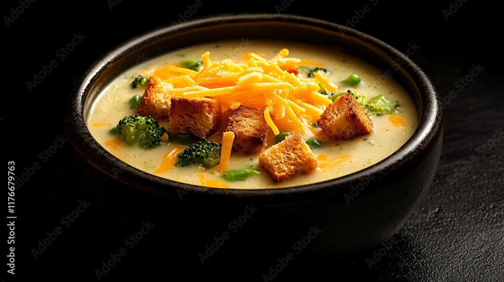 Cream of broccoli soup topped with croutons and shredded cheddar cheese, isolated on a smooth black surface with dramatic lighting