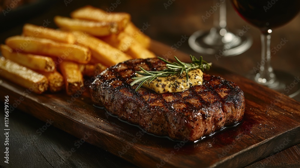 Grilled steak, herb butter, rosemary, fries. Grilled steak, herb butter, rosemary, fries.