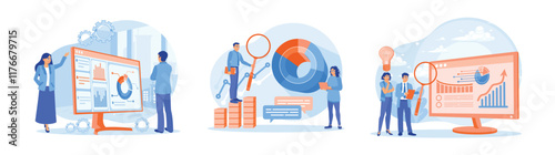 Businessman and colleagues analyze statistical data to improve marketing.
