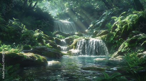 Crystal-clear mountain stream with small waterfalls flowing over moss-covered rocks and surrounded by lush green plants 